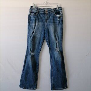 Vintage Almost Famous Womens Denim Blue High Rise Distressed Flare Jeans Size 13